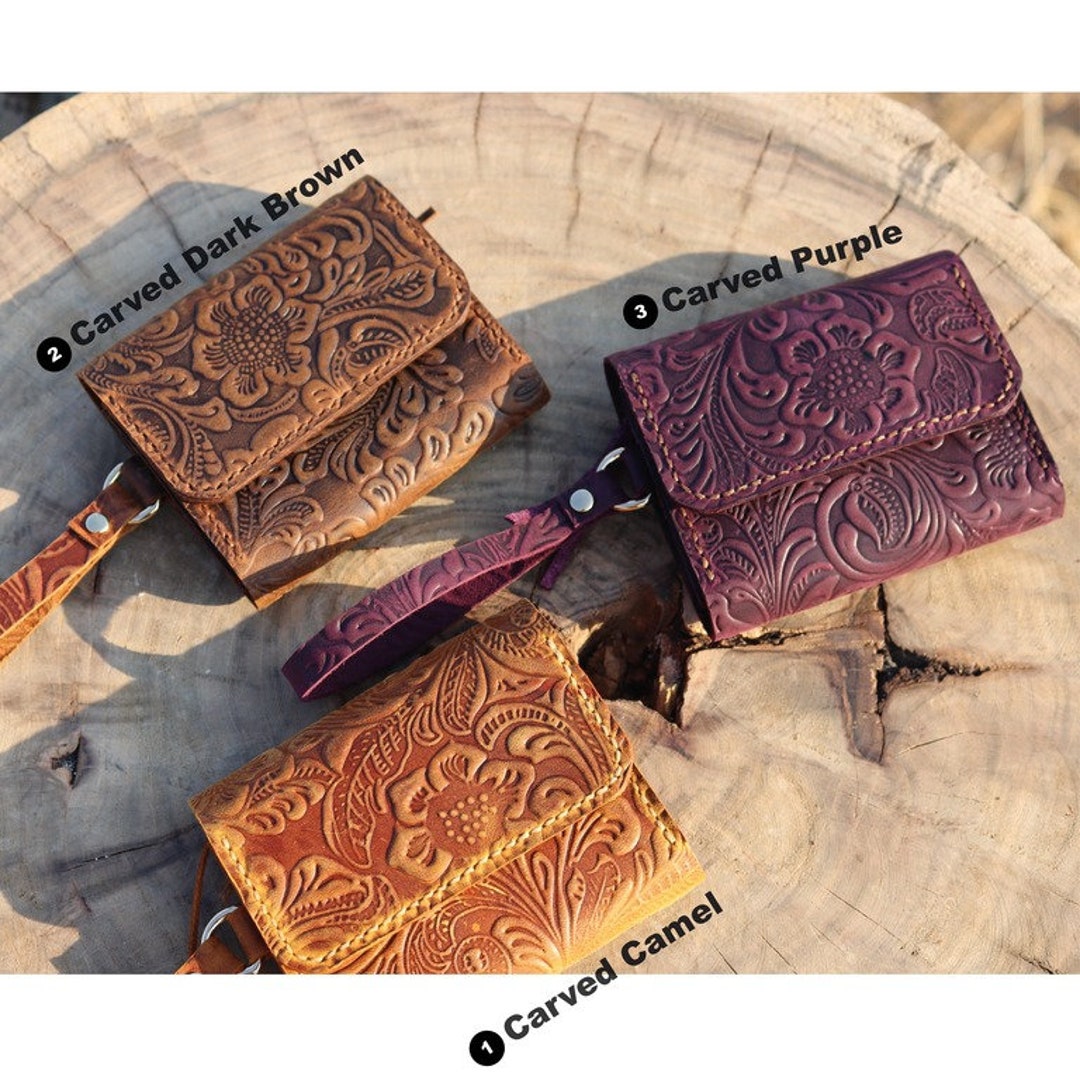 Embossed Leather Wristlet Wallet: Handmade Carved Floral Card Holder ...