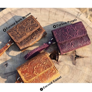 Cartera minimalista para mujer, tarjetero de cuero repujado, cartera de pulsera estilo occidental para mujer, bonita cartera con cremallera, cartera pequeña hecha a mano para ella.