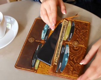 Embossed Leather Phone Wallet: Floral Tooled Clutch, Western Card Holder
