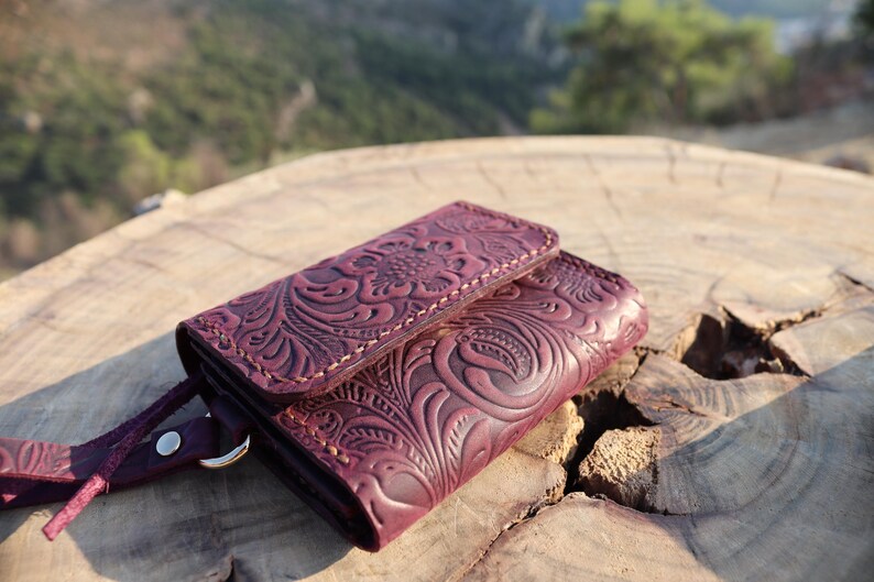 Embossed Leather Wristlet Wallet, Leather Purse, Small Handbag With