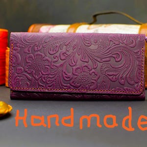 Cartera de teléfono púrpura para mujer, embrague de cuero hecho a mano, bolso delgado para mujer, bolso de teléfono con cremallera, Portefeuille de téléphone en cuir pour femme