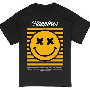 Smiley Face T-Shirt, Yellow Happy Graphic Tee, Unisex Casual Streetwear, Hipster Fashion, Striped Smile Shirt, Trendy Urban Clothing