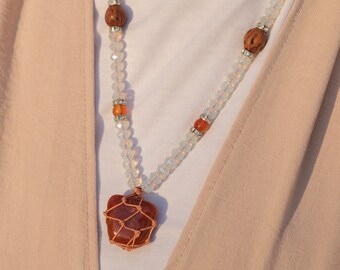 Collier avec pierre d'agate veinée rouge : pierre précieuse naturelle, design fait main