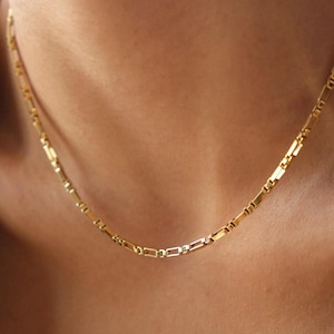 Può includere: Una collana color oro con una catena a maglie rettangolari. La collana è indossata intorno al collo ed è realizzata in un metallo lucido e riflettente. La catena è composta da piccole maglie rettangolari.
