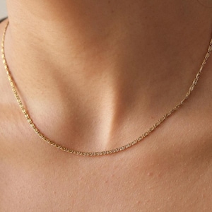 Può includere: Una delicata collana color oro con un design a catena dettagliato. La collana è indossata intorno al collo, mettendo in mostra il suo motivo intricato e la sua sottile lucentezza. Il gioiello è un accessorio semplice ma elegante.
