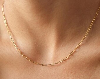 May include: A gold chain necklace with a delicate, linked chain design. The chain is made of small, oval-shaped links.