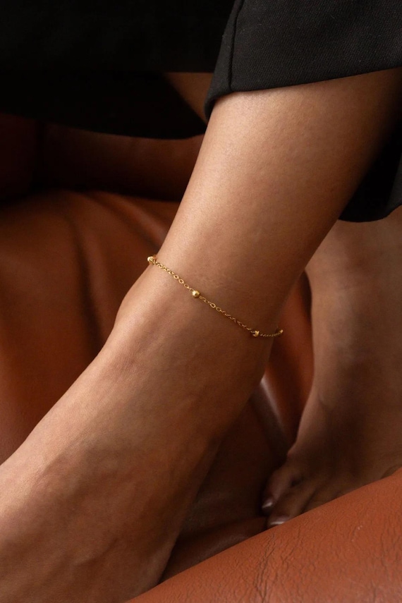 18K Gold Dorica Chain Anklet: Minimalist Steel Ball Ankle Bracelet