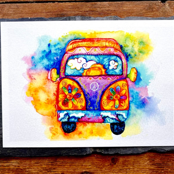 Hippie Van Print - Psychedelic Volkswagen Watercolour Art Print - Wall Art