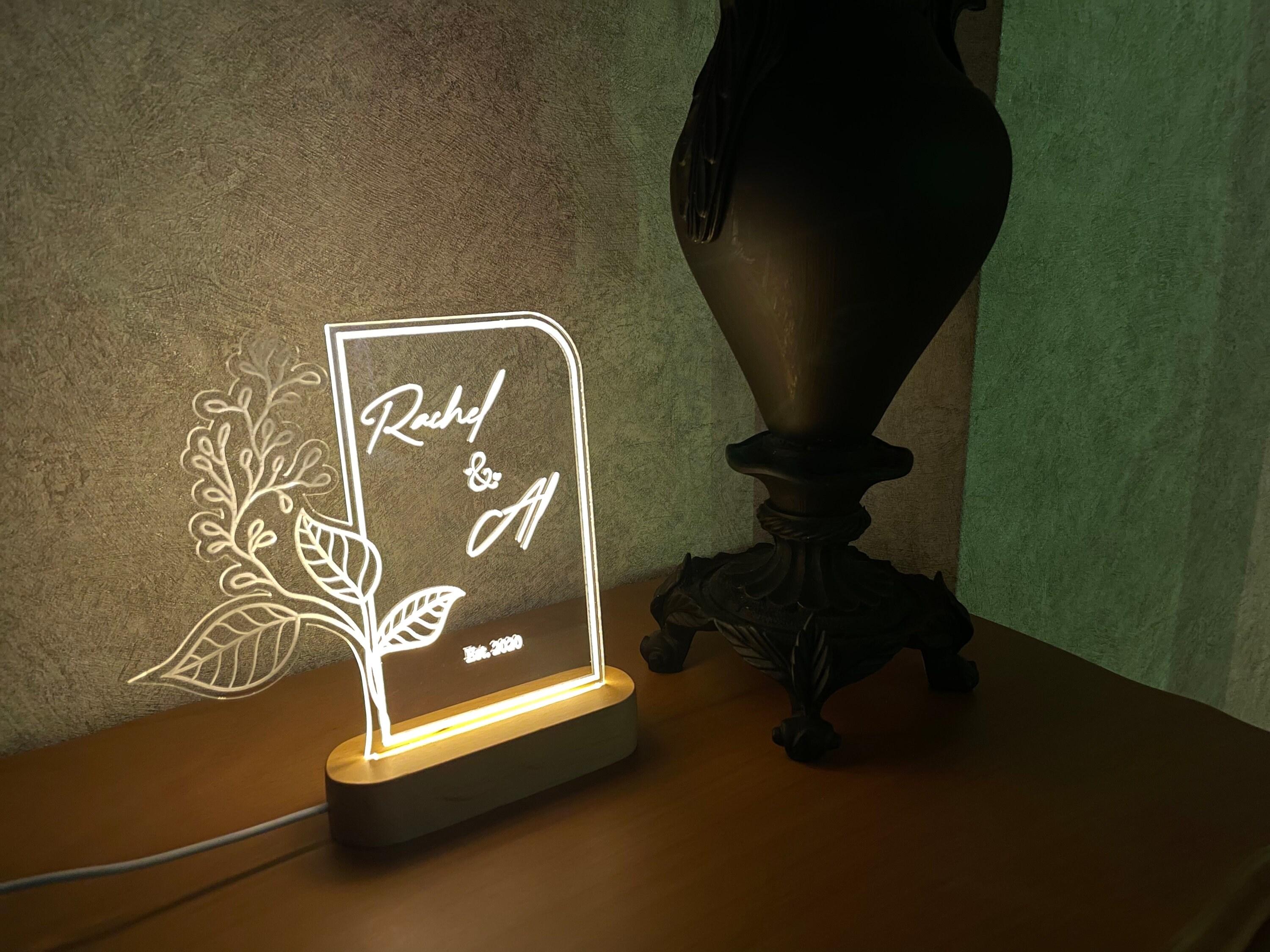 Modern Handmade LED Light With Natural Wood Base & Chic Plexiglass Eco