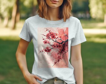 T-shirt con arte dell'acquerello del ramo di fiori di ciliegio, maglietta con stampa floreale, camicia artistica con fiori primaverili, abbigliamento casual per donne e uomini