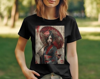 Geisha japonesa -Camiseta con estampado de arte inspirado, rojo y negro tradicional, camiseta gráfica unisex, ropa moderna de estilo callejero, top de moda genial,