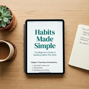 Peut inclure: Vue de dessus d'un bureau en bois avec une tablette affichant "Habits Made Simple", une plante succulente, une tasse de café et un carnet avec des notes manuscrites. Un stylo est posé sur le carnet.