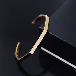 Elegant Hexagonal 14K Solid Yellow White or Rose Gold 5 mm Wide Cuff Bangle 18K Hexagon Mens Cuff Bracelet 10K Gold Unisex Cuff His Her Gift