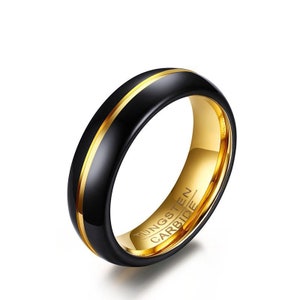 Tungsten Carbide Mens Wedding Ring, Domed Black Ring for Couple, 18K Gold Women Wedding Band, Best Gift for His & Her Engagement Anniversary