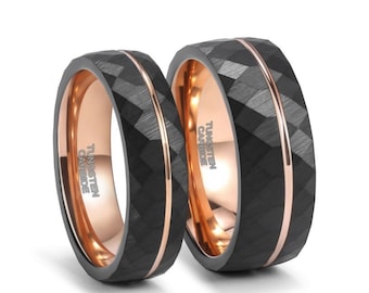 Tungsten Carbide Wedding Ring Hammered Black Ring for Couple 18K Rose Gold Men's Wedding Band Best Gift for Men Anniversary Engagement Women