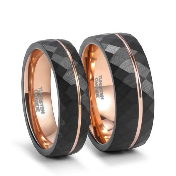 Tungsten Carbide Wedding Ring Hammered Black Ring for Couple 18K Rose Gold Men's Wedding Band Best Gift for Men Anniversary Engagement Women
