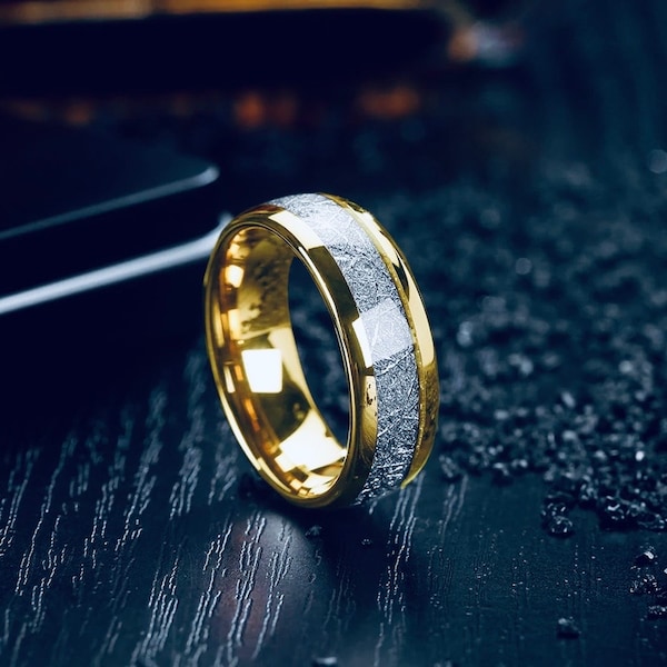 Meteorite 8 mm Tungsten Carbide Men's Wedding Band 18K Gold Ring for Him Couple Ring His & Her Gift Love Engagement Anniversary Promise Ring