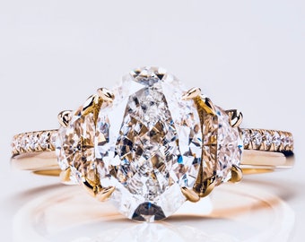 Luxury 1.50 CT Oval & 2 Half Moon Diamond Engagement Ring Women 18K Gold Oval Lab Diamond Wedding Anniversary Ring Bridal Statement Ring Her