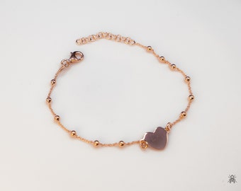 Splendido Bracciale Dainty 18ct Rose Gold Heart Charm Beads / Bracciale 18ct Rose Gold Beads per compleanno / 18ct Rose Gold Bridal Gift Bracelet