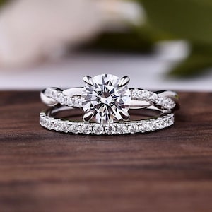 7mm Vintage Style 1.25ct Round Brilliant cut Moissanite Lab Diamond Engagement Ring Set, Anniversary Wedding Statement Bridal Stacking Ring.