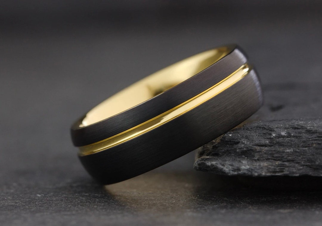 Black Tungsten Carbide Mens Wedding Band, 18K Gold Domed Wedding Ring ...