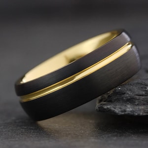 Black Tungsten Carbide Mens Wedding Band, 18K Gold Domed Wedding Ring for Him Couple, Best Gift for His & Her Engagement Anniversary Promise