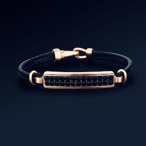 Luxury 18K Rose Gold 10 mm Wide 3 mm Black Natural Diamond Bracelet 14K Men Women Diamond Leather Bracelet 10K Gold Unisex Cuff His Her Gift