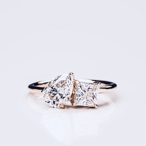 Toi et Moi Ring 1 CT Pear & 1 CT Princess Diamond Engagement Ring 18K Gold Lab Diamond Wedding Anniversary Promise Statement Bride Ring Gift
