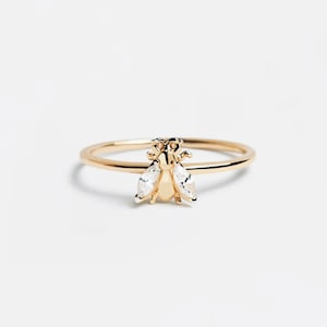 18K Gold TCF Brand Fly Logo Diamond Stacking Ring, Marquise Brilliant Diamond Wedding Partywear Fancy Unique Design Dainty Ring, Unisex Gift