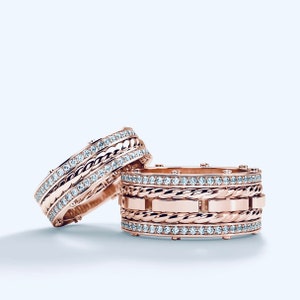 18K Gold 2 Wedding Diamond Bands for Couple Luxury 14K Fancy Designer Diamond Ring Set Couples Wedding Ring Set Platinum His & Her Ring Gift