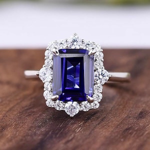 Vintage Style 7x9 mm Blue Emerald cut 3ct Moissanite Lab Diamond Halo Engagement Ring Anniversary Promise Statement Bridal Wedding Ring Gift