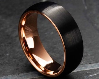 Tungsten Wedding Band for Men,18K Rose Gold Tungsten Ring for Men Women,8mm Black Brushed finish Domed Wedding Anniversary Promise Ring Gift