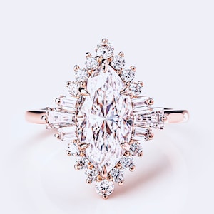 1CT Marquise Diamond Halo Set Engagement Ring Royal 18K Gold Lab Diamond Wedding Ring Anniversary Art Deco Bridal Women Floral Ring Her Gift