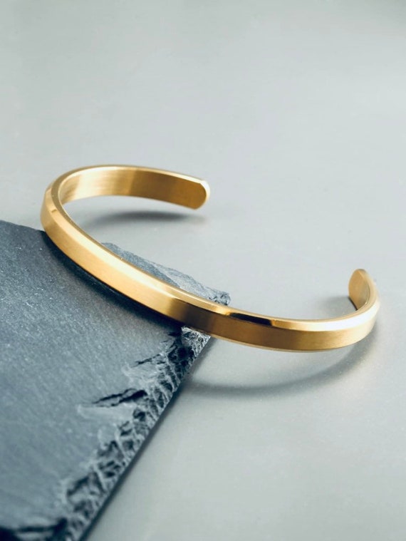Elegant 14K Solid Yellow White or Rose Gold 6mm Wide Cuff Bangle Classic 18K Bevelled Edges Mens Cuff Bracelet 10K Gold Unisex Cuff His Gift
