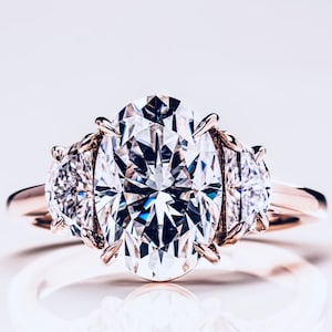 Luxury 1.50 CT Oval & 2 Half Moon Diamond Engagement Ring Her 18K Gold Oval Lab Diamond Wedding Anniversary Ring Bridal Statement Women Ring