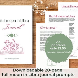 Full moon in Libra journal prompts | Full Moon workbook printable A4 PDF | Journaling prompts | Journal pages | Instant download PDF