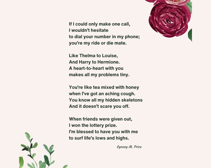 Friendship Poem Downloadable Poem Print Best Friend Poem Instant ...