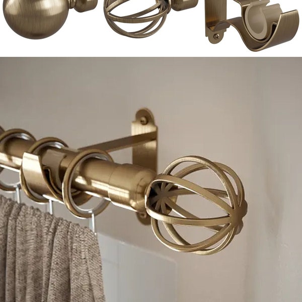 ANTIQUE BRASS Traditional Curtain Pole Fittings Curtain rail/ Sphere Ball/Cage Finial/drapery pole Rings/wall support/Bay window L bracket