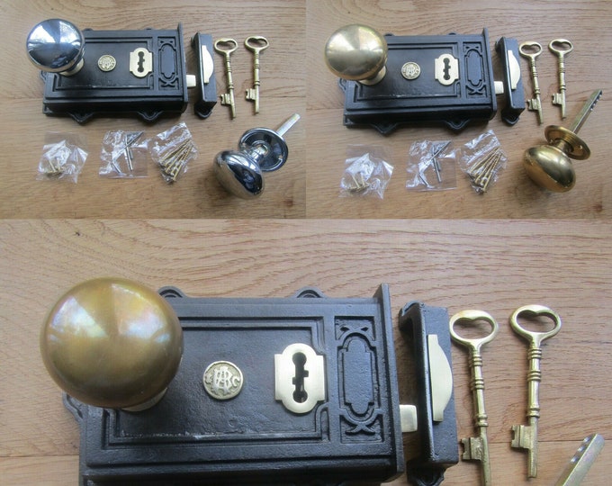 Cast iron rustic vintage Victorian old English style door rim lock latch rim knob door handles set period home