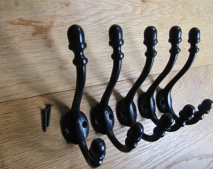 Pack of 5 ACORN Tip Classic cast iron rustic traditional retro vintage old victorian hat & coat hooks BLACK ANTIQUE