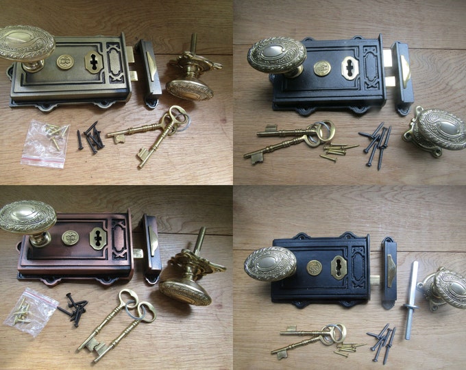 Cast iron rustic vintage Victorian old English style door rim lock latch rim knob door handles set period home