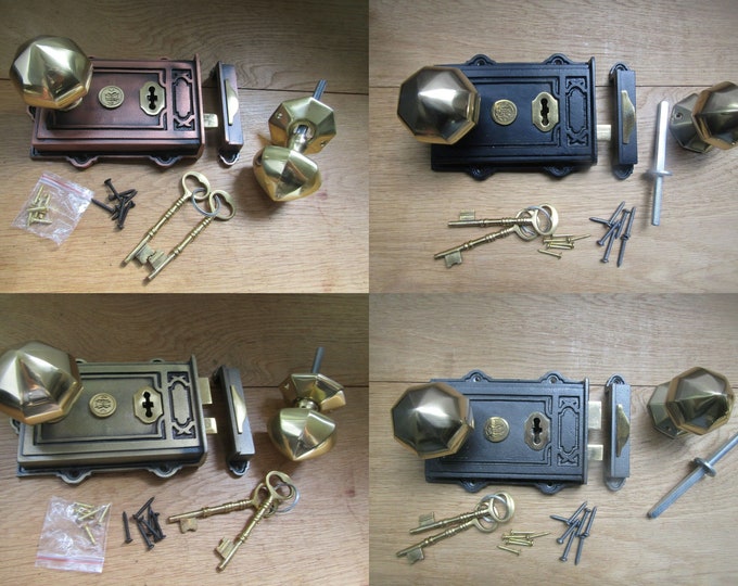 Cast iron rustic vintage Victorian old English style door rim lock latch rim knob door handles set period home