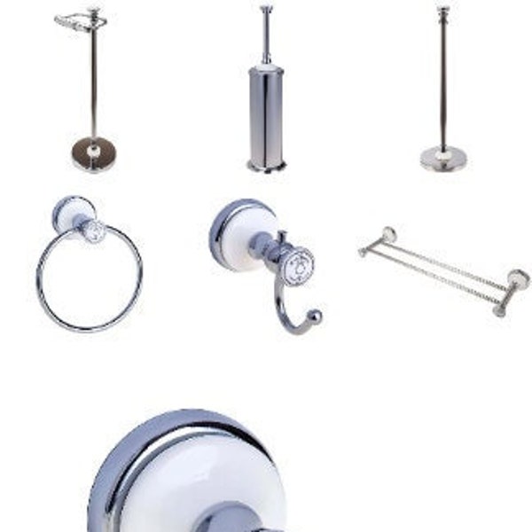 VINTAGE Crown LONDON PARIS Accessoires de salle de bain traditionnels rétro en céramique de style rétro, chrome et blanc