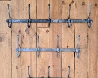 Vintage industrial Hand Forged style metal coat hook rail rack peg hanger distressed patina iron finish
