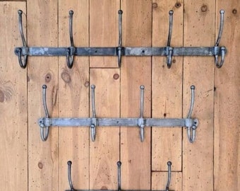 Vintage industrial Hand Forged style metal coat hook rail rack peg hanger distressed patina iron finish