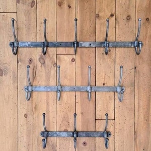 Vintage industrial Hand Forged style metal coat hook rail rack peg hanger distressed patina iron finish