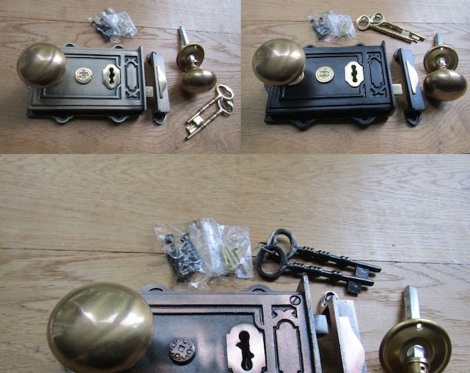Cast iron rustic vintage Victorian old English style door rim lock latch rim knob door handles set period home