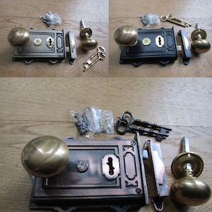 Cast iron rustic vintage Victorian old English style door rim lock latch rim knob door handles set period home