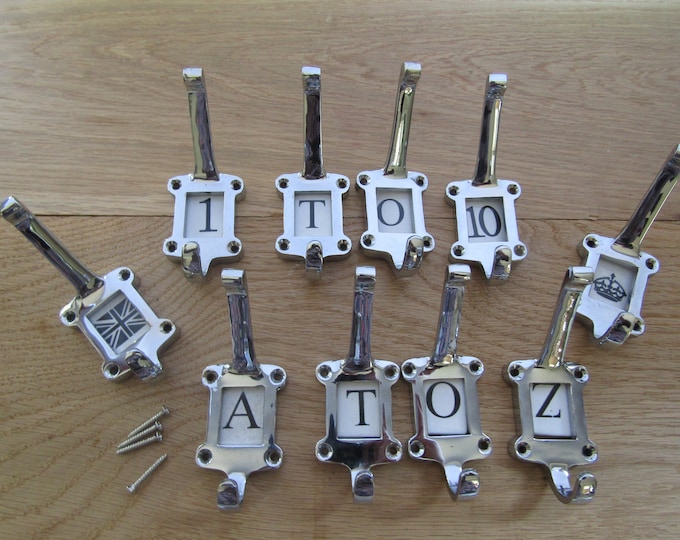 CHROME ON IRON Cast iron label with ceramic inserts hat & coat hooks vintage rustic shabby chic industrial Letters/Alphabet/Numbers/Signs