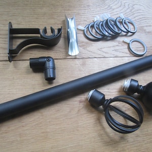 BLACK Traditional Curtain Pole Fittings Curtain rail/ Sphere Ball/Cage Finial/drapery pole Rings/wall support/Bay window L bracket